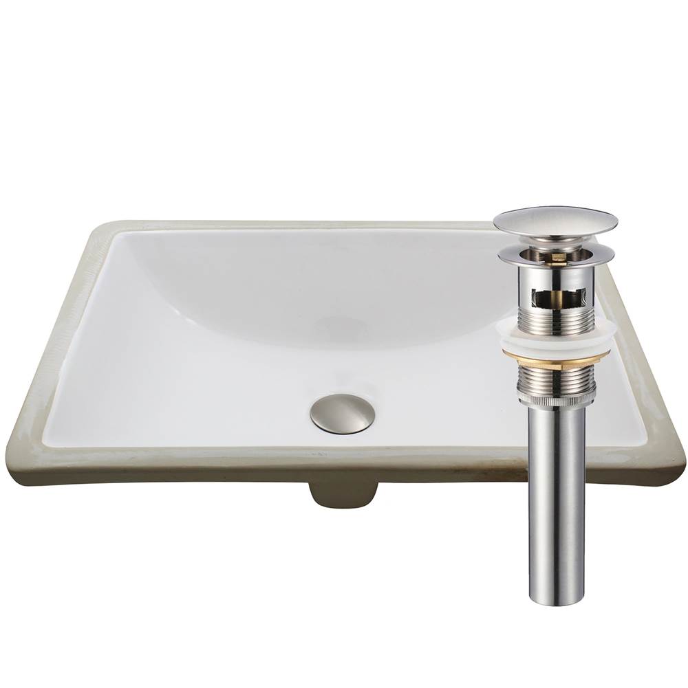 Novatto Rectangular Undermount White Porcelain Sink with Brushed Nickel Drain Set