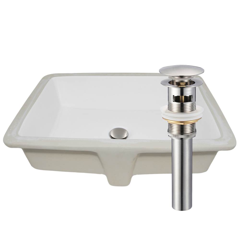 Novatto Shallow Rectangular Undermount White Porcelain Sink with Brushed Nickel Drain