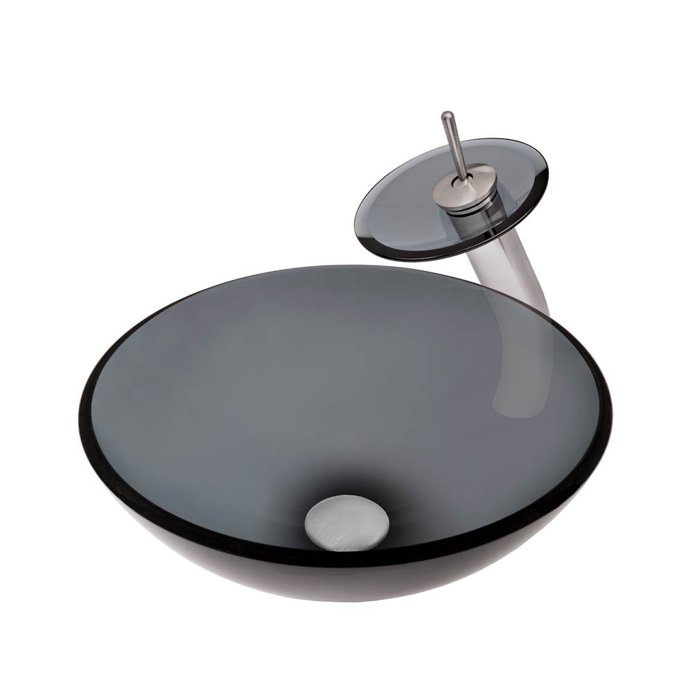 Novatto Novatto NERA Glass Vessel Bathroom Sink Set, Brushed Nickel/ Smoke Glass